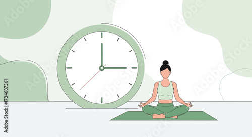Time for mindfulness: Woman meditating near a clock, promoting wellness and balance in modern life