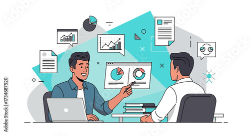 Two professionals reviewing analytics data with charts and graphs in a modern office setting