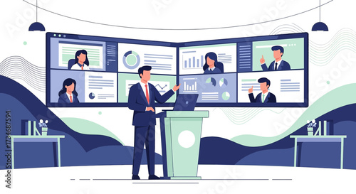 Virtual conference presentation with business professional and online attendees