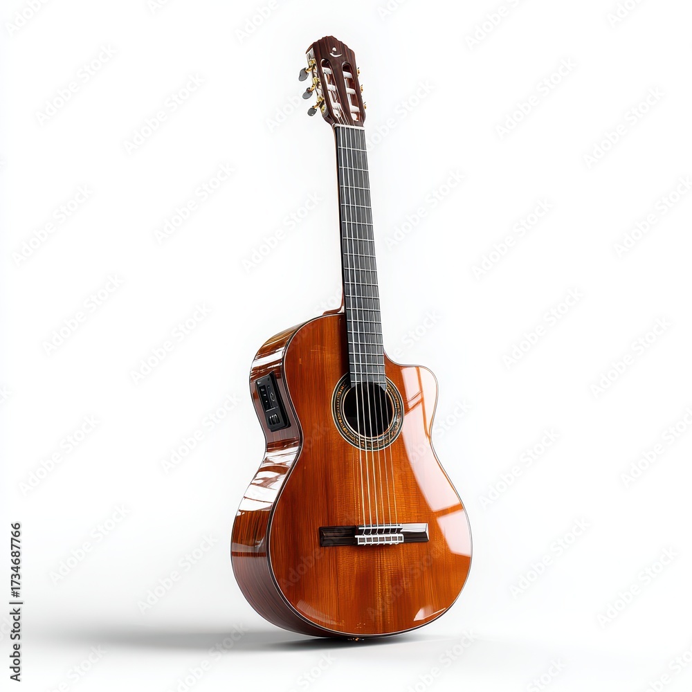 Obraz premium Classical Acoustic Guitar with Cutaway on White Background, Musical Instrument