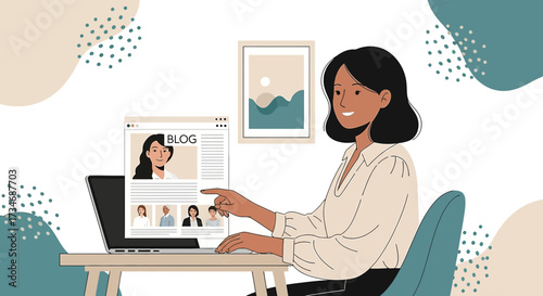 Woman engaging with an online blog post on her laptop in a home setting scene