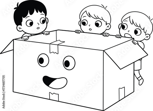 Kids playing in box, cardboard box coloring page, children hide and seek, fun activity, creative play, happy toy box drawing