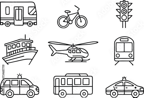 A comprehensive set of transportation icons featuring a car, truck, bus, train, airplane, and ship vector symbols for travel illustration