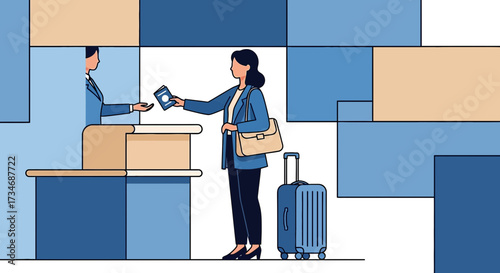 Woman handing passport to airport check-in staff for international travel illustration
