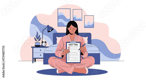 Woman in pajamas sitting on floor at home, making a daily task list illustration