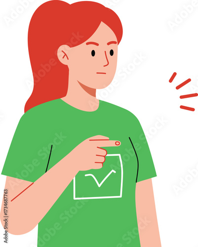 Young woman with red ponytail and green shirt points finger decisively with approval symbol on shirt flat design vector illustration white background