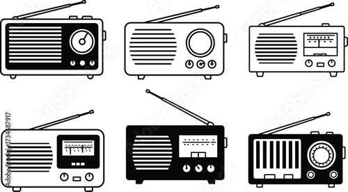 Retro radio icon set, vintage portable radios with antenna, old fashioned audio devices, classic black and white vector design
