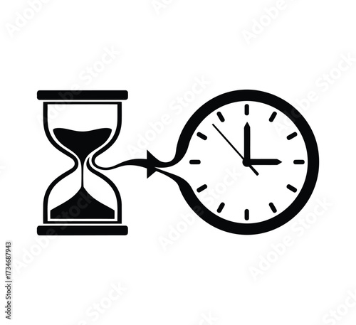 Hourglass and clock connected, representing the passage of time