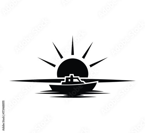 Silhouette of a motorboat with sunburst