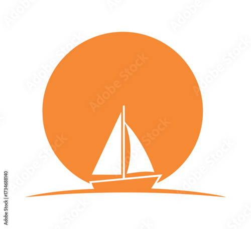 Silhouette of a sailboat against a large sun