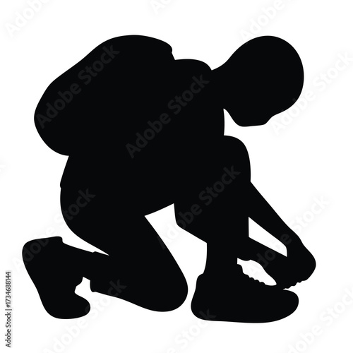 Silhouette of a person tying shoelaces on a white background illustration