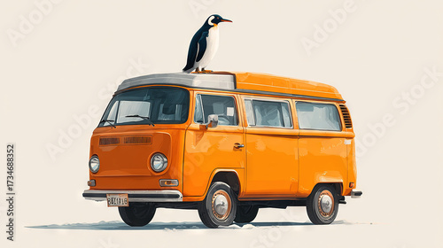 Wallpaper Mural   An orange VW bus features a penguin on its roof and a seagull perched on top Torontodigital.ca