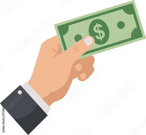 Hand holding us dollar bill presenting financial transaction symbol of wealth and payment flat design vector illustration white background
