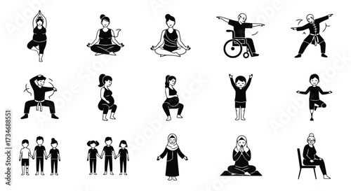 Icon set of vector art of collection of diverse people performing yoga and martial arts poses, including individuals with disabilities and pregnant women