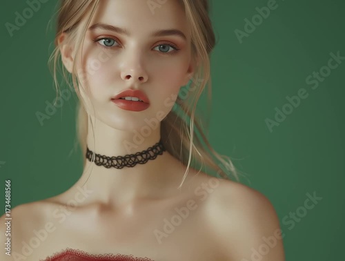 Beautiful russian female model dressed in red with a nech choker