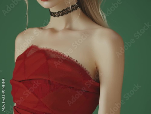 Beautiful russian female model dressed in red with a nech choker