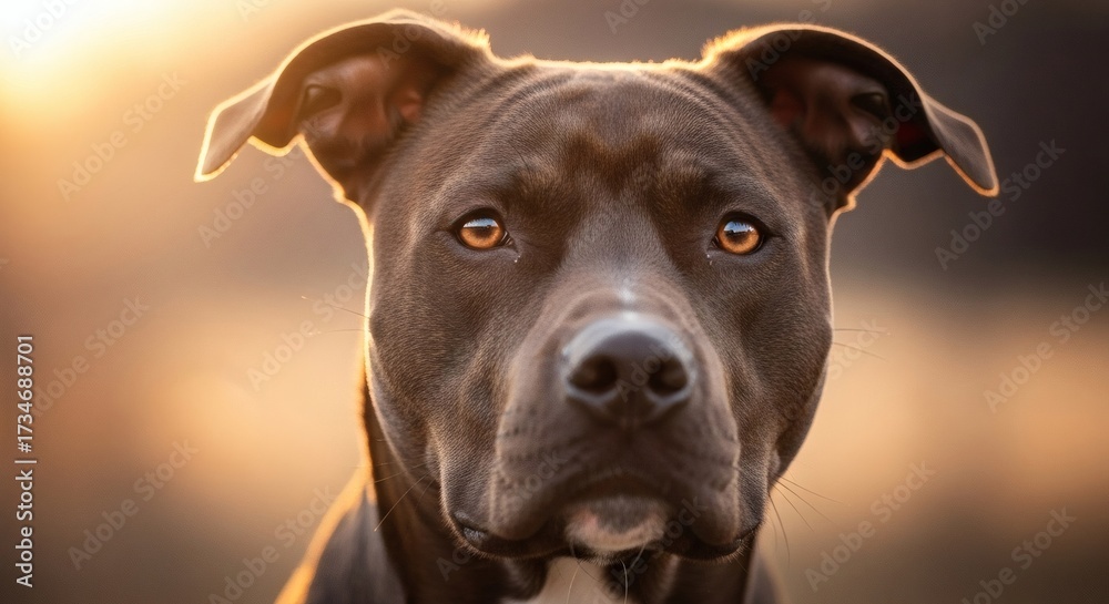 Fototapeta premium Close up portrait of a brown pitbull dog with a serious expression and golden eyes