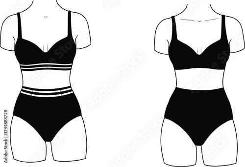 Women lingerie flat sketch illustration with bra and high waisted panties, fashion design vector for clothing, catalog, and pattern making