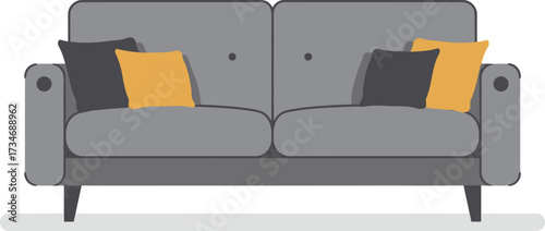 Modern gray sofa with colorful accent pillows a stylish living room furniture piece flat design vector illustration white background