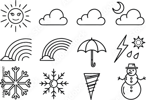 A colorful vector illustration set of weather icons featuring the sun, a cloud, an umbrella for rain protection, and a symbol for the autumn season