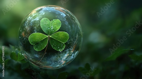   A four-leaf clover inside a water bubble on a leafy green background, with a water droplet at the bottom of the bubble