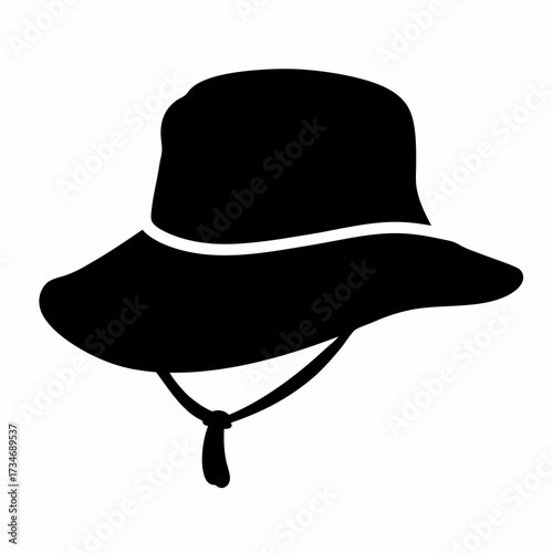 Simple silhouette illustration of a wide brim sun hat with a chin strap