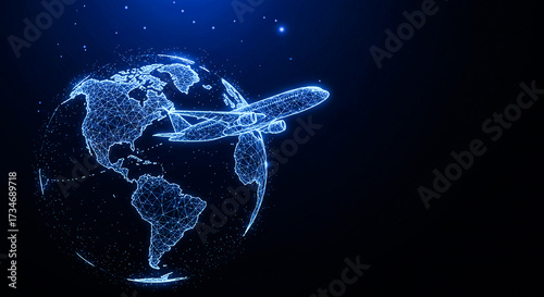 Airplane flying around earth globe with digital network connection concept art
