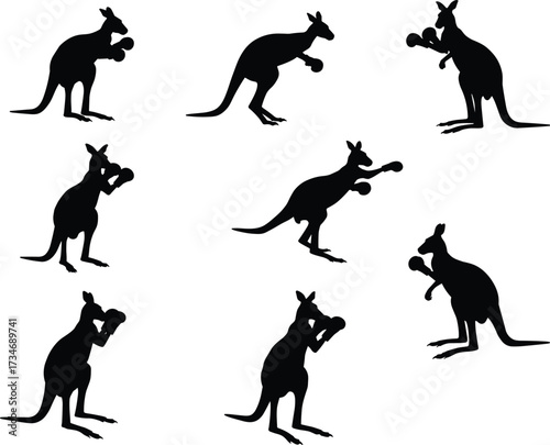 Kangaroo silhouettes, boxing pose, fighting stance, wildlife motion, Australian animal, dynamic posture, exotic species, nature illustration set