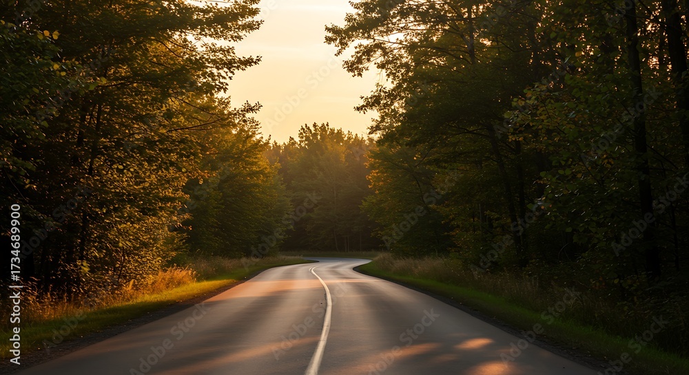 Fototapeta premium Curving road through sunlit forest with lush trees and golden hour