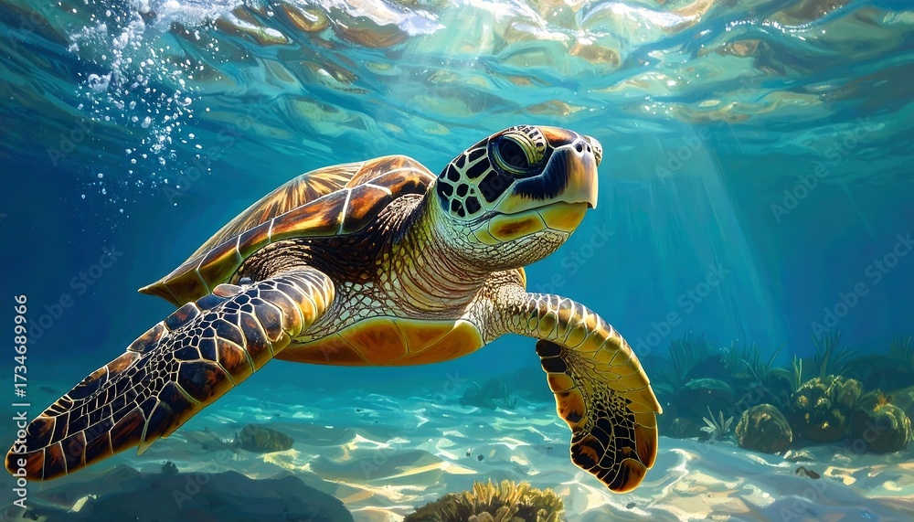 Fototapeta premium A Vibrant Sea Turtle Gracefully Gliding Through the Underwater World