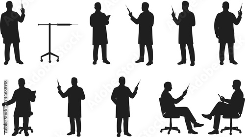 Medical silhouettes, healthcare professionals, doctor nurse figures, syringe injection, vaccination concept, clinical staff, hospital medicine illustration set