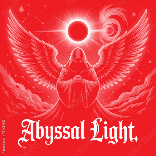 Dark Fantasy Hooded Angel with Glowing Wings under Cosmic Eclipse – Boss V Vector T-Shirt Design