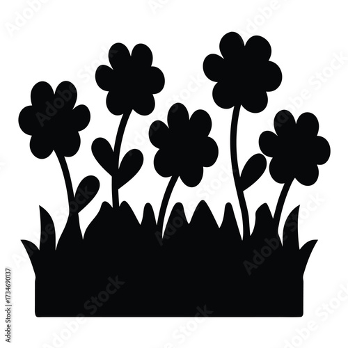 Silhouette Illustration of a Flower Bed with Flowers and Grass on White