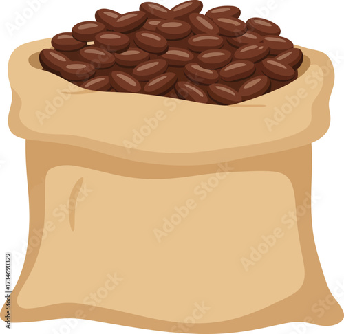Burlap sack filled with rich roasted coffee beans freshly harvested for brewing delicious beverages flat design vector illustration white background