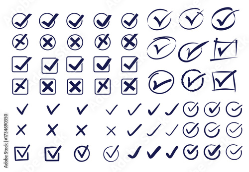 Doodle check marks in circle and square frame.