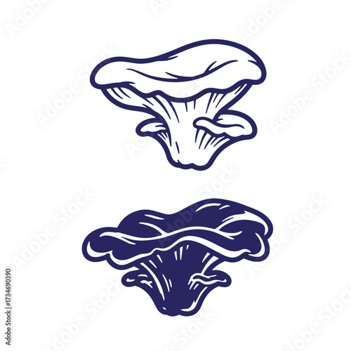 Artistic illustration of two detailed mushroom designs in contrasting dark blue and white colors