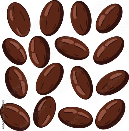 Rich dark roasted coffee beans scattered artistically for beverage and food creation flat design vector illustration white background