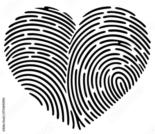 Fingerprint heart with smooth flowing fingerprint lines, symbol of tenderness, loyalty and unity, representing love and marital devotion of two people