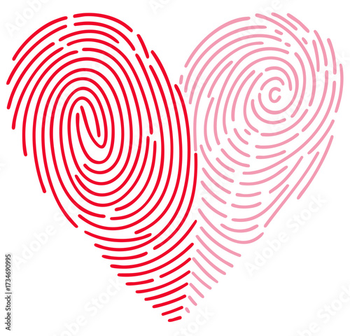 Fingerprint heart with red and light pink lines, symbol of friendship, vow, promise and everlasting bond between close people