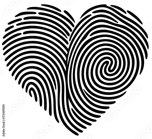 Fingerprint heart symbol with two fingerprints merging into one shape, love and unity of two people, metaphor of romantic bond and individuality