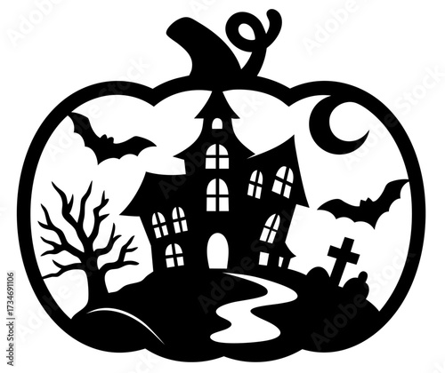 Halloween carved pumpkin silhouette with haunted gothic house, tall towers and ghostly windows, symbol of cursed mansion with eerie and creepy atmosphere of horror night