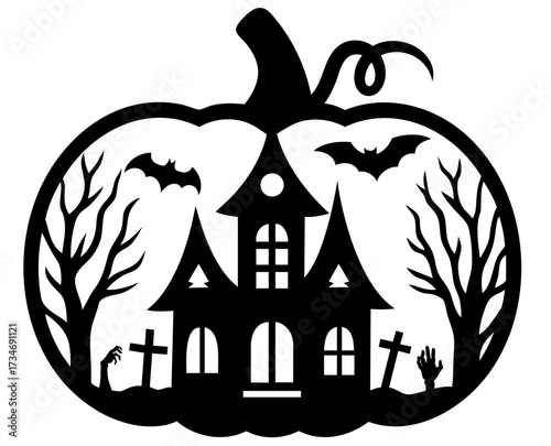 Halloween carved pumpkin silhouette with haunted gothic house, tall towers and ghostly windows, bats flying in night sky, graveyard with tombstones and rising zombie hands, cursed mansion folklore sce