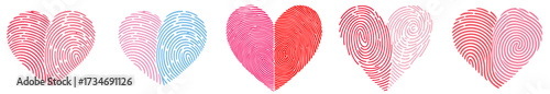 Set of colorful fingerprint hearts in pink, blue and red, symbol of friendship between girls, romantic couple with vows of love, and gender reveal baby shower decoration for boy or girl