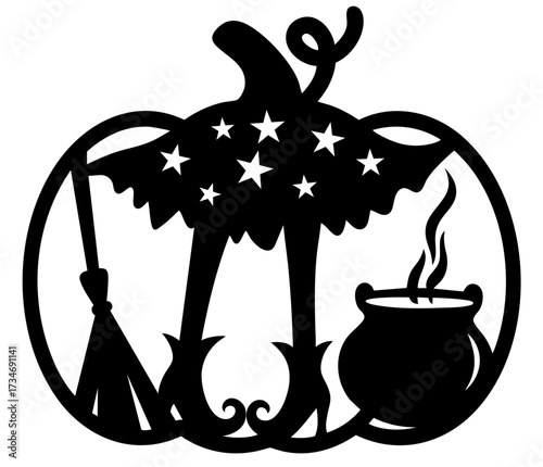Halloween carved pumpkin silhouette with witch in pointed hat brewing magic potion in bubbling cauldron, spooky smoke rising in mystical night ritual atmosphere