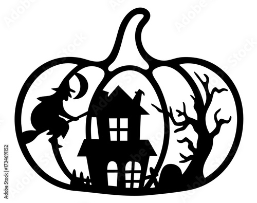 Haunted halloween pumpkin silhouette with witch on broom, spooky house and graveyard