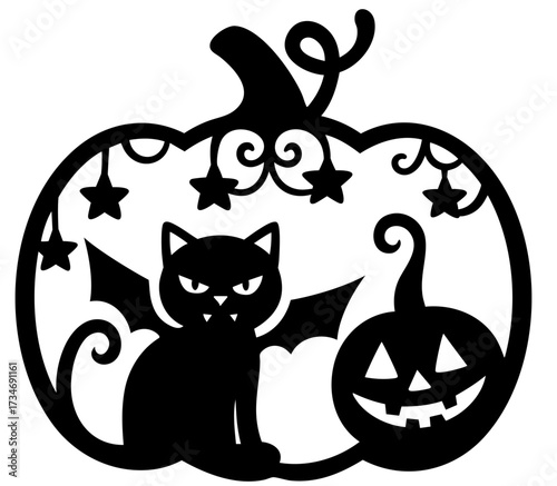 Halloween carved pumpkin silhouette with black cat and jack-o-lantern face, bat wings and hanging stars decoration, spooky magical symbol of witches and folklore