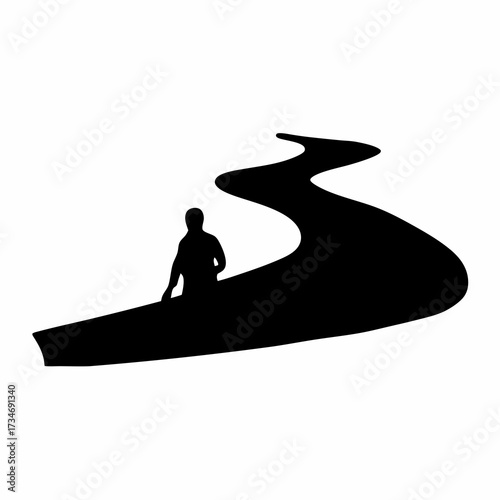 Silhouette of a person paddling on a winding river or path