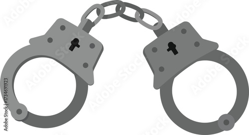 Pair of silver metal handcuffs on for security and law enforcement flat design vector illustration white background