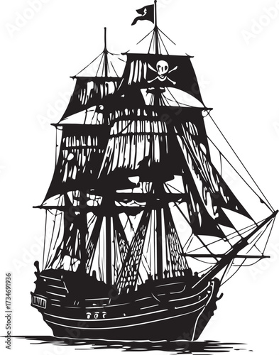 black vector of pirate ship with torn sail in silhouette