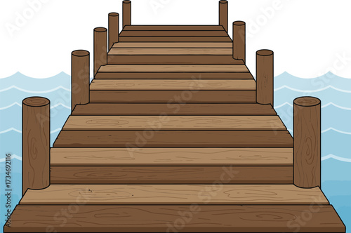 Wooden pier extending into calm blue water a perfect peaceful waterfront scene flat design vector illustration white background